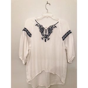 White Tunic Blouse with Blue Embroidery
